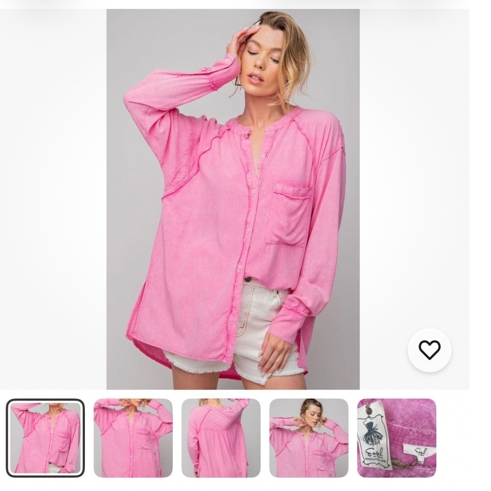 Easel Pink Acid Wash Oversized Button Down Shirt Raw Edge FringeBohemian M